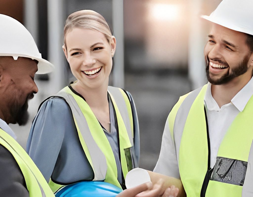 Three construction workers smiling and discussing plans.