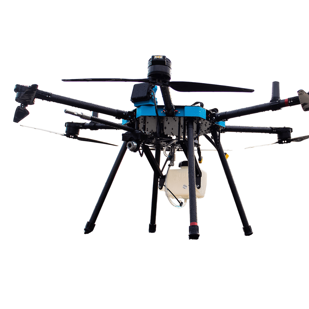 A black and blue hexacopter drone with multiple rotors and a camera mounted underneath.