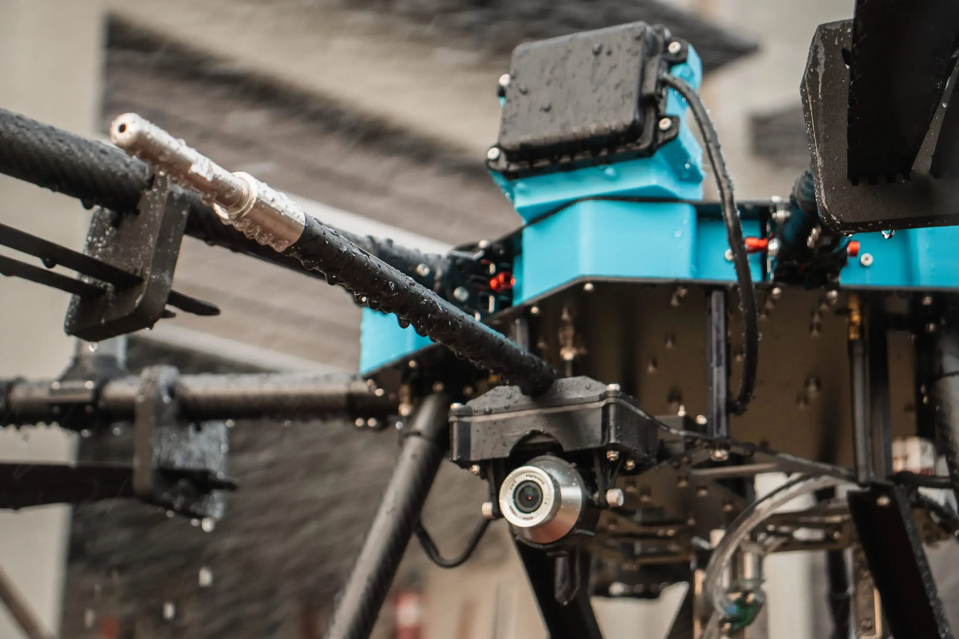 Close-up of a drone's camera and sensor system in action.